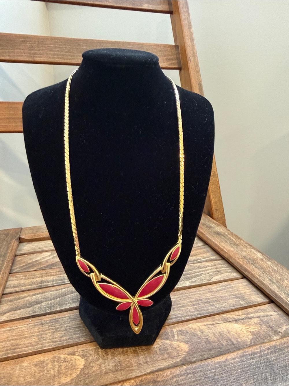 Vintage Trifari Red Enamel Butterfly Necklace Gold Tone Herringbone Chain